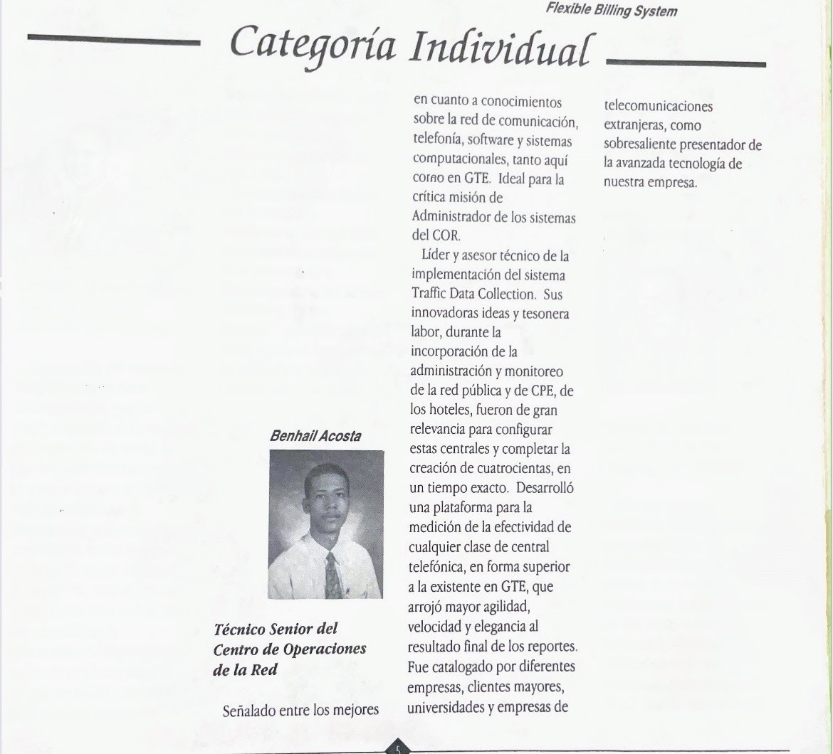 Artículo de Noticias Codetel 1996 donde Benhail Acosta es reconocido en la categoría individual de excelencia