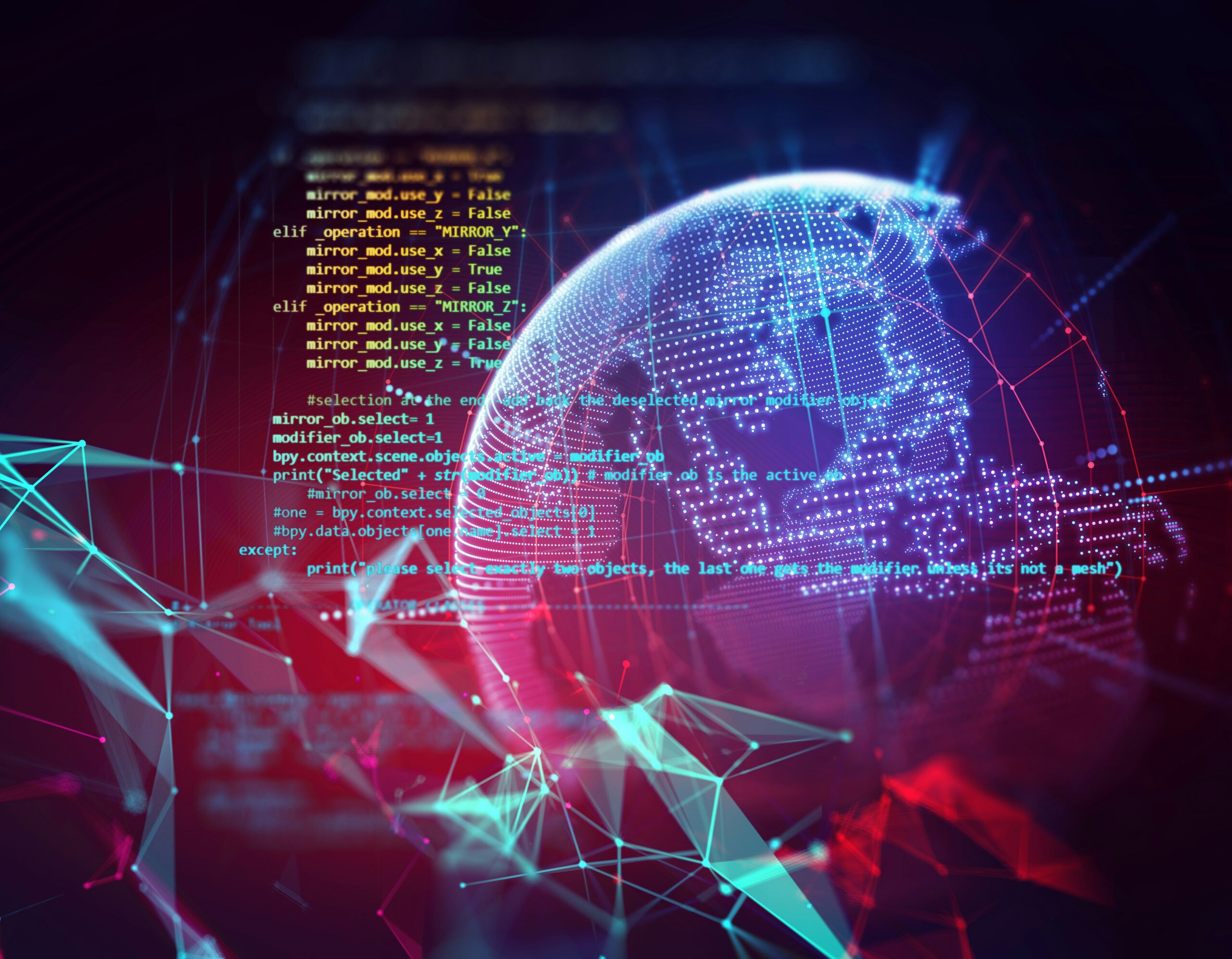 Representación digital del mundo con código y redes, simbolizando ciberseguridad y tecnología avanzada